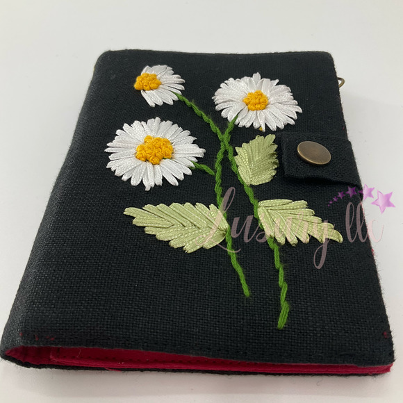Daisy Embroidery Passport Wallet, Birthday Gift, Versatile Washable, Black - Picture 2 of 13